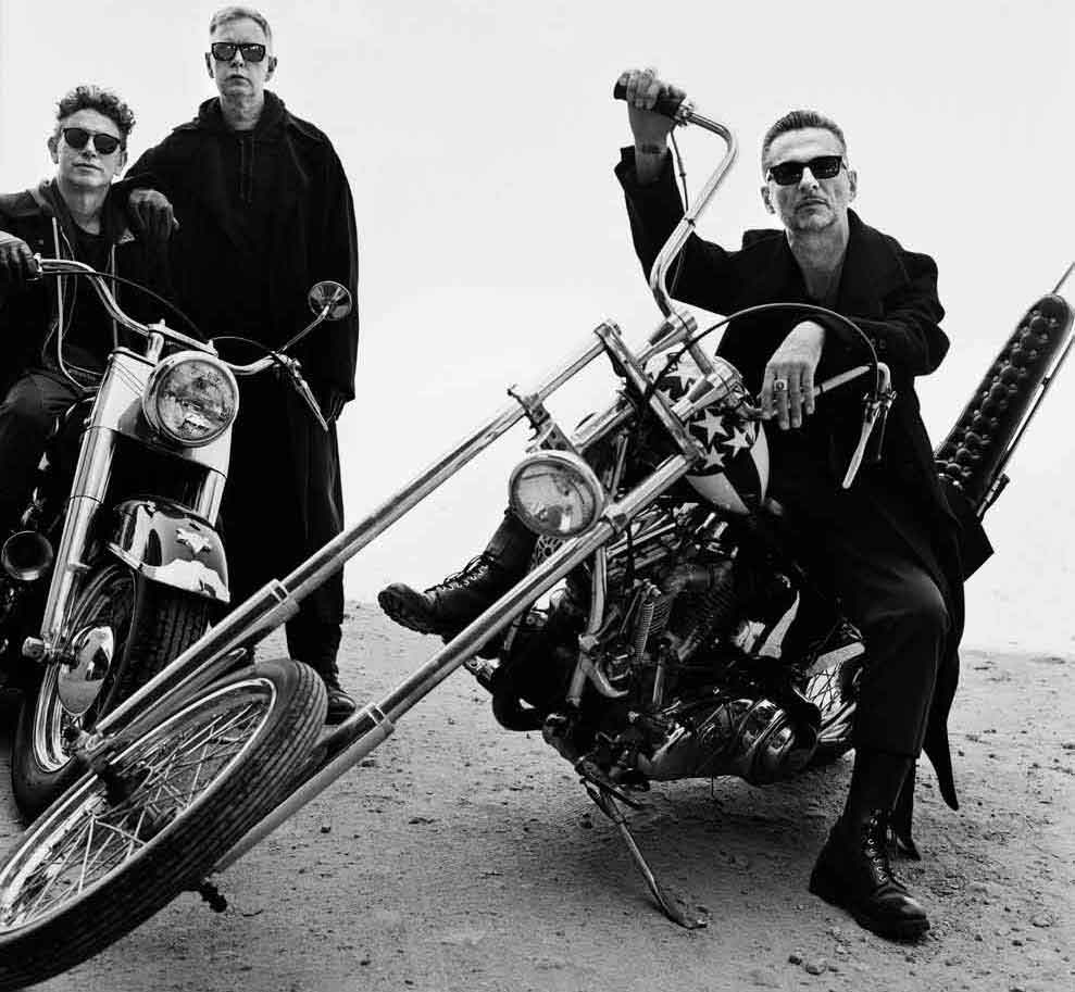 Depeche Mode with Dave Gahan astride a motorbike